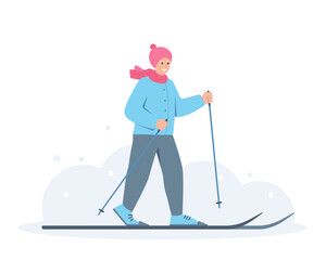 Happy elderly woman in warm clothes skiing in winter cold weather. Cross-country skiing woman. Healthy active lifestyle leisure activities. Vector flat illustration isolated on white background.