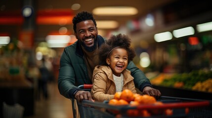 african american parent man with kid in supermarket basket