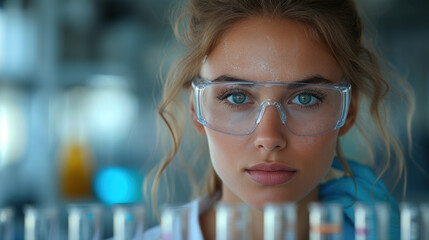 female scientist holding a test tube vith danger virus with a solution in gloves in a research lab or doing chemical experiments