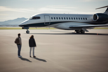 Two People Approaching a Private Jet on a Sunny Tarmac During the Day