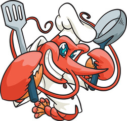 Chef Prawn Holding Spatula Pan Animal Mascot Vector Illustration