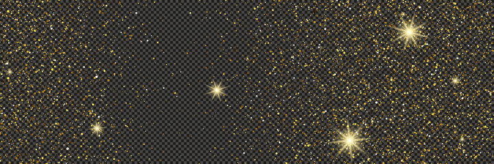 Gold glittering dust with stars on transparent backdrop
