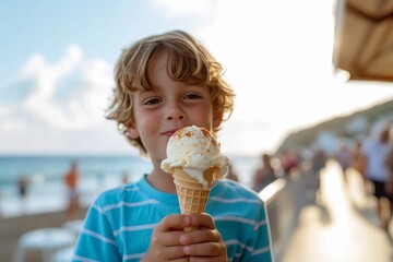 A young child eagerly enjoys a sweet frozen treat while basking in the warm sun on a beach vacation
