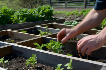 Hands planting seeds in raised garden beds, beginning the journey of growth and abundance in the April garden