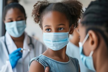 A diverse group of individuals, including a woman, a child, and a young girl, donning medical masks both indoors and outdoors as a precautionary measure for the current state of healthcare and medica