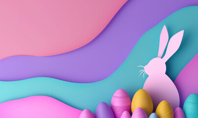 playful Easter papercut card design with a bunny silhouette and pastel colored eggs on a vibrant background