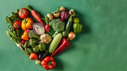 Fresh healthy colorful vegetables arranged in a heart shape on a green background. It shows a healthy lifestyle and healthy habits. Space for text