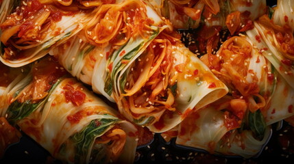 Obraz na płótnie Canvas Bossam-kimchi, vividly portraying the rich layers and textures of this traditional Korean wrapped delight