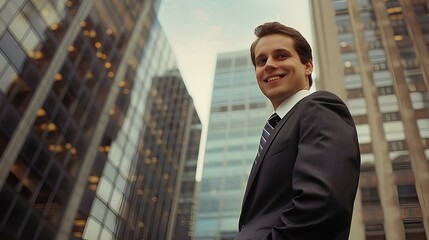 A businessman standing among the financial buildings, smiling and confidently posing. generative AI