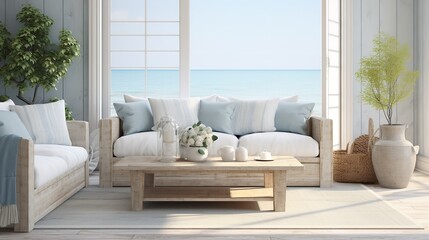 Breezy Coastal Living Room: Serene Colors, Natural Textures, Ocean Vibes