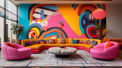 Vibrant Pop: Colorful Living Room with Bold Pop Art Influence and Dynamic Decor