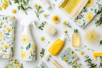 An array of spring cleaning supplies with a fresh, natural floral motif arranged neatly on a white background.. - obrazy, fototapety, plakaty