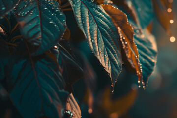 A macro shot capturing raindrops clinging to the surface of tree leaves, highlighting their intricate patterns and the shimmering effect of water, a hallmark of April - obrazy, fototapety, plakaty