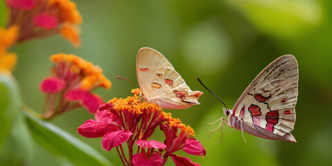 Exotic butterflies fluttering among tropical flowers, in search of nectar, against the backdrop of green tropical plants.
