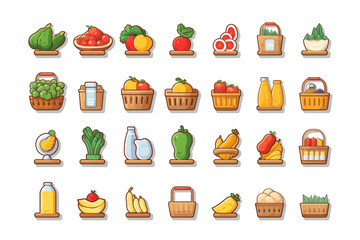 Fototapeta na wymiar Set of icons for grocery store, food website with milk, meat, pastries, vegetables and fruits, online shopping