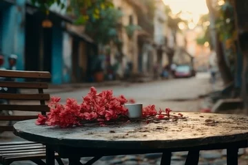 Deurstickers Morning coffee cup on table in the charming narrow streets of old city amidst beautiful flowers © Mikki Orso