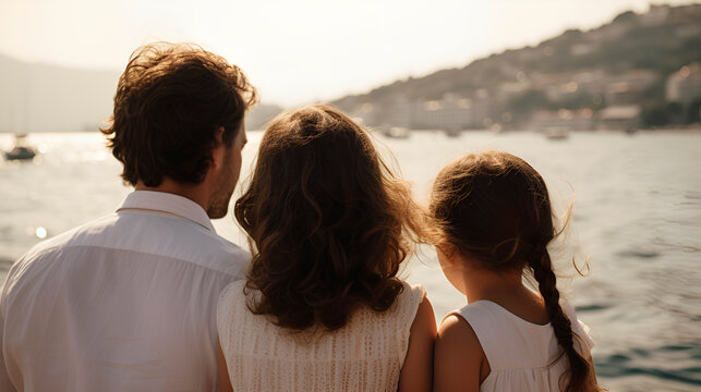 Young family on sea vacation, dad, mom and child backside view , summer and sun generated AI
