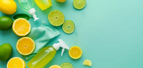 Foto op Plexiglas spring cleaning concept with eco-friendly sprays and citrus fruits on pastel green with copy space for text  © Klay