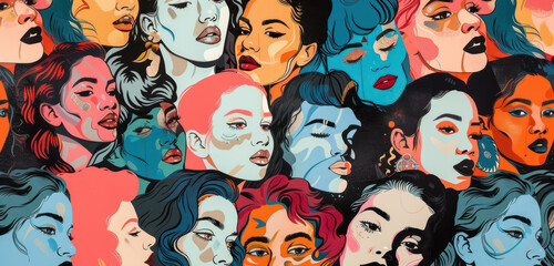 diverse women faces illustration pattern with vibrant pop art , for women's day 
