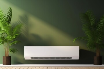 Air conditioner on wall with plants, adjusting temperature, cooling room, space for text placement