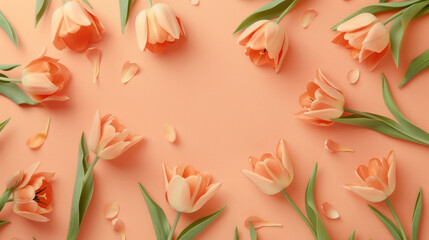 soft peach tulip petals scattered on a smooth pastel peach surface top view - obrazy, fototapety, plakaty