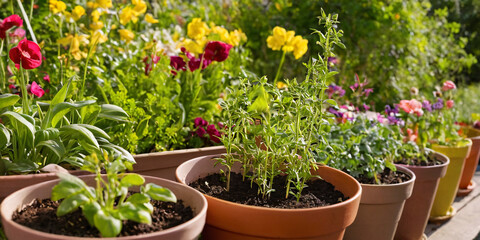 Fresh spring flowers in pots before planting in a flowerbed, against the backdrop of a spring garden.