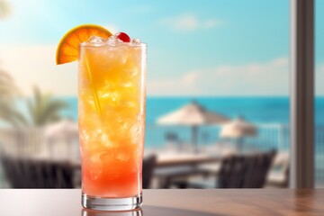 Refreshing tropical hurricane cocktail on blurred beach backdrop with ample space for text placement - Powered by Adobe
