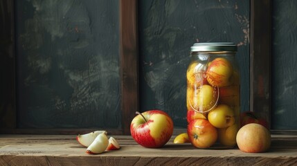 Obraz na płótnie Canvas Sweet canned apples in a glass jar stand on a wooden table, fresh apples around. Close up