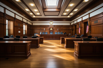 Image of an empty courtroom with wooden benches. Generated by artificial intelligence - obrazy, fototapety, plakaty