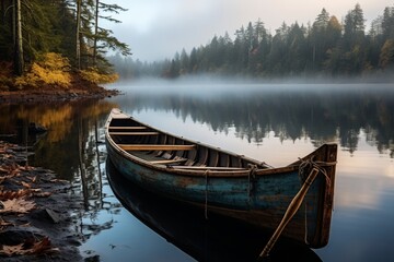 Tranquil wooden boat reflections on peaceful lake at dawn, capturing natures breathtaking beauty