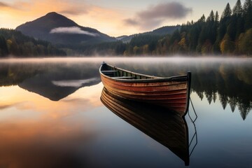 Tranquil wooden boat reflecting on peaceful lake at dawn, natures serene beauty unveiled