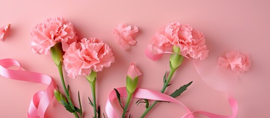 Obraz premium Pink carnations and a pink ribbon for Mother's Day, seen from above.