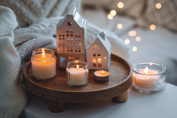 Concept of winter Christmas home aromatherapy, cozy bedroom interior, place for relaxation,...