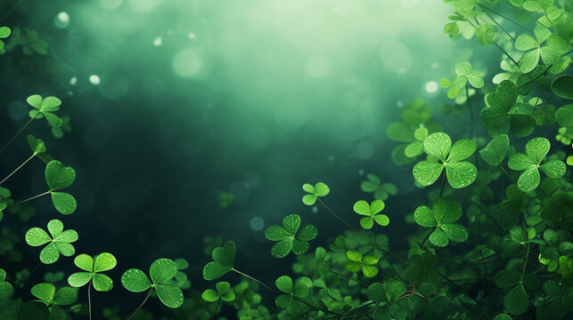 Background for St. Patrick's Day: clover leaves on a green background, greeting card