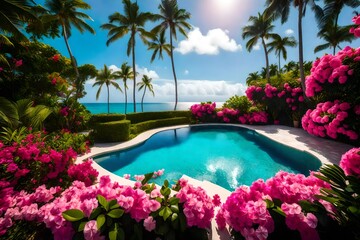 Fototapeta na wymiar swimming pool with flowers and water