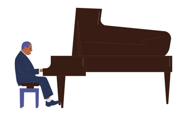 Man musician cartoon character playing grand piano performing musical concert isolated on white