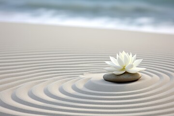 Fototapeta na wymiar Tranquil zen pattern in white sand with tropical palm leaves, perfect for meditation and relaxation