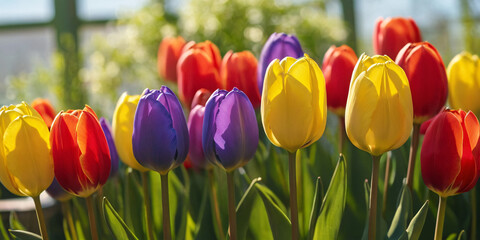 Spring tulips in a greenhouse filled with sunlight.