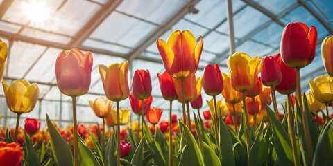 Spring tulips in a greenhouse filled with sunlight.
