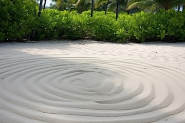 Fototapeta na wymiar Tranquil zen sand pattern with palm leaves, perfect for meditation, relaxation and inner peace