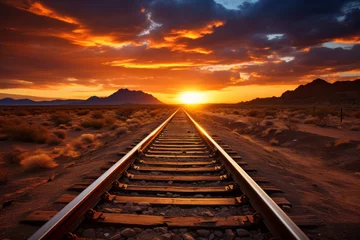 Rolgordijnen Enchanting railway track disappearing into the mesmerizing horizon during a stunning sunset © Mikki Orso