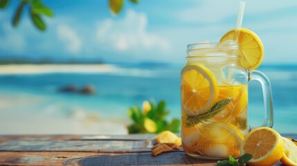 Summer refreshing lemonade with lemon slices in a jar standing on a wooden table. In the background you can see the sea environment and the blue sky. Close up
