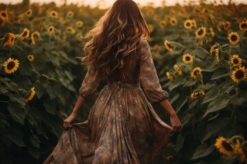 Stunning brunette girl escaping through a golden sea of sunflowers towards the setting sun - obrazy, fototapety, plakaty