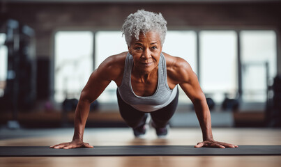 Fototapeta premium Senior woman practicing yoga at gym, healthy lifestyle for mature people concept. Generated by AI
