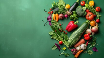 Fresh healthy colorful vegetables arranged in a heart shape on a green background. It shows a healthy lifestyle and healthy habits. Space for text