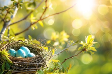 Bird Nest with Blue Robin Eggs on Spring Tree Branch with Sun Shining
