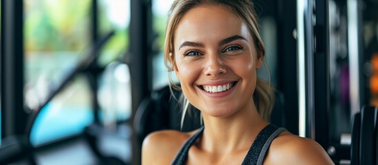 Obraz premium Smiling Woman Successfully Using Seated Press Machine at the Gym
