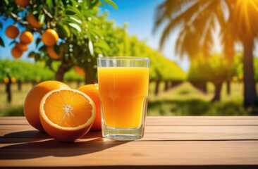 Fototapeta premium glass of orange juice with oranges on a wooden table, against a background of orange trees