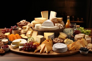 Delicious and diverse selection of cheese varieties beautifully presented on a rustic wooden table