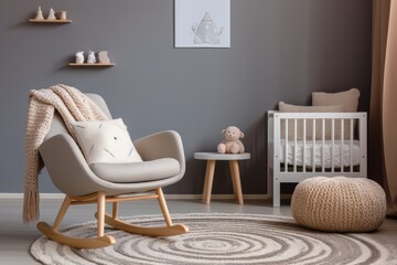 Stylish scandinavian newborn baby room decor with modern furniture and cozy atmosphere